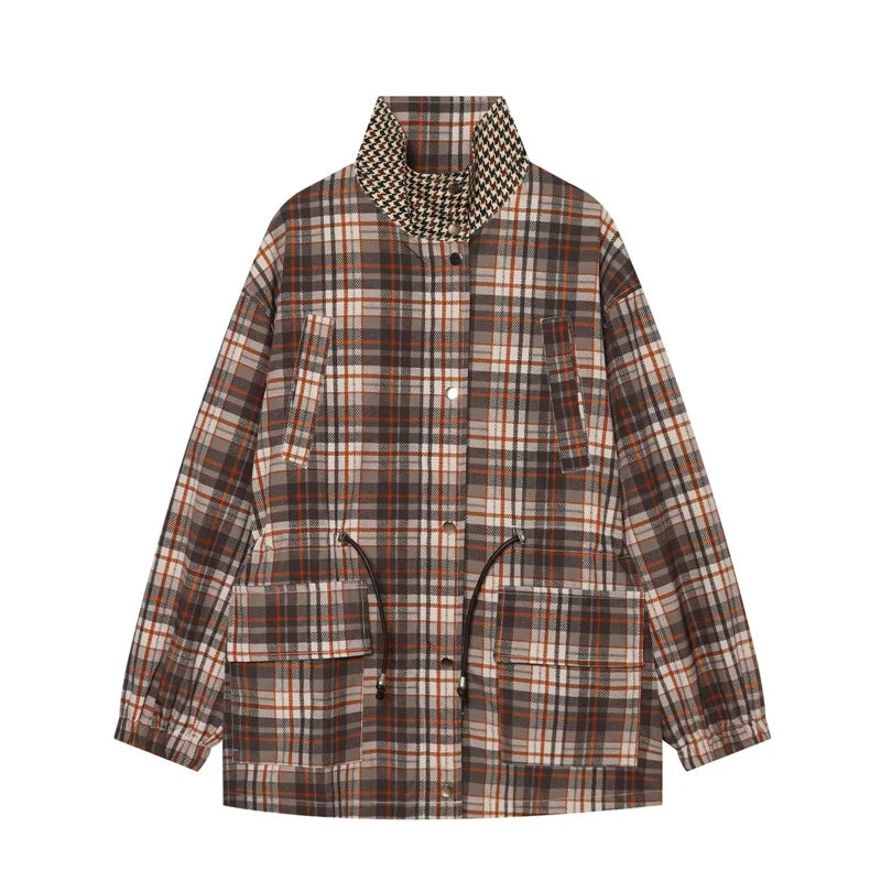 Women's Coat 2026 New Autumn Gray Plaid Long Sleeve Loose Drawstring Decorative Coat Casual Fashion Personal Ladies Outerwear