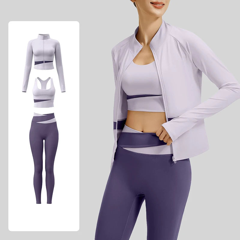 Women's Color Block 3 Piece Yoga Set with Thumb Hole Running Waist Cincher Slim Fit Workout Set Lightweight Pilates Clothes