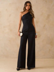 Slim Fit Stylish Jumpsuit Slanted Shoulder Single Sleeve Waist Cinched Wide Leg Fashionable Casual Women's Clothing
