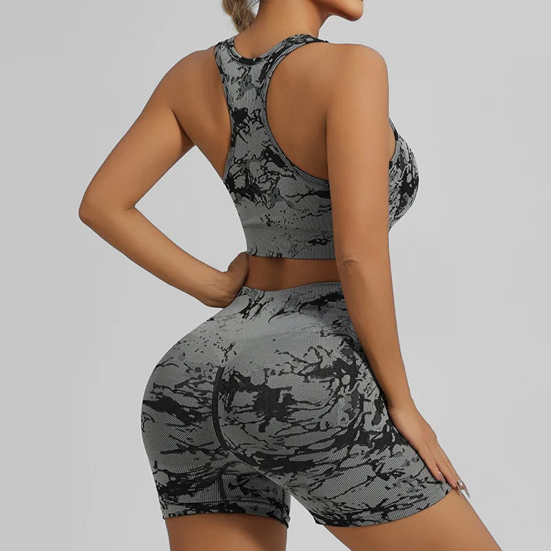 Women Seamless Tie Dye Yoga Set Quick Dry Sports Bra Shorts Lightweight Breathable Workout Outfit
