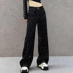 New Female Black Jeans Are Cool Studded With Diamonds. Casual Denim Trousers High-waisted, Straight-leg Wide-leg Pants Women's