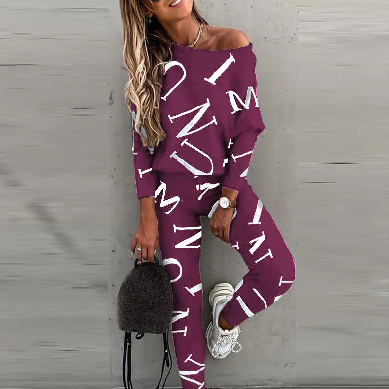Women's Yoga Set Soft Outfit Letters Print Long Sleeve Top Spring Tracksuit Casual Sports Fitness Yoga Suit