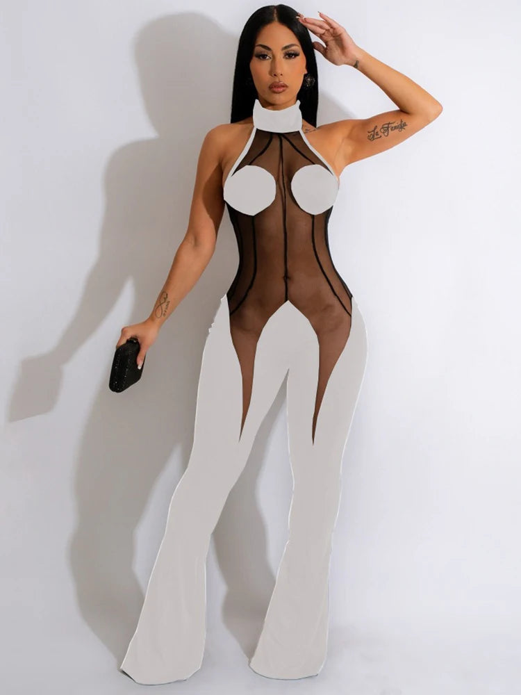 Sheer Lace Halter Flare Jumpsuit