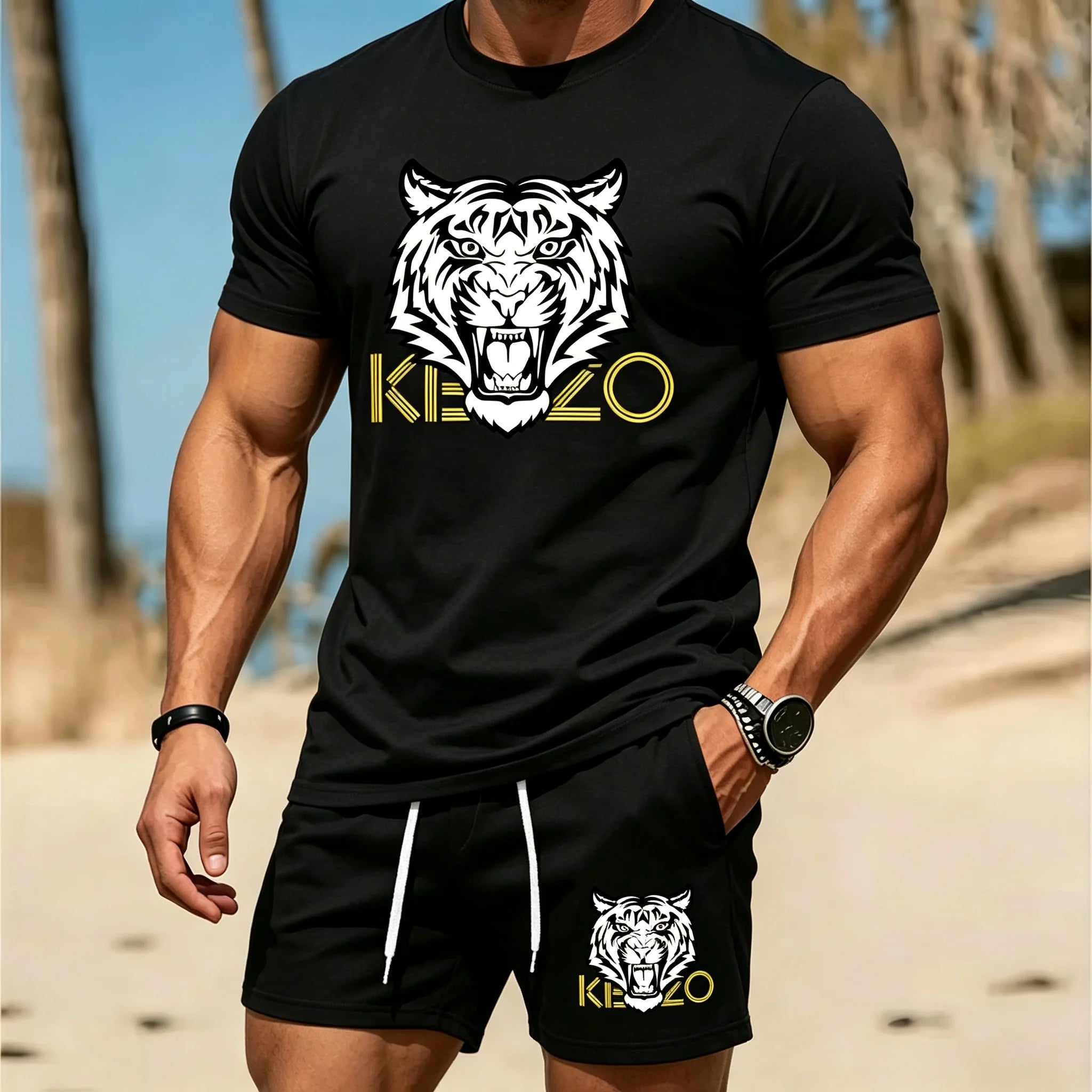 Men Summer Tiger Stripe 2 Piece Tracksuit Breathable Quick Dry Short Sleeve T Shirt Shorts Set Gym Running Sportswear