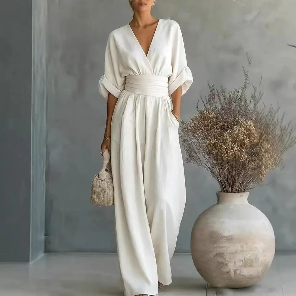 Women's Jumpsuit Fashion High Waist V-neck Casual Jumpsuits Sexy Solid Color Office Wide Leg Trousers Overalls Vacation Outfit