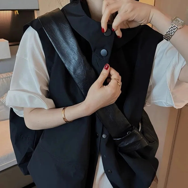 Women Hooded Vests Coats Single Breasted Loose Casual Tops Spring Autumn Korean Simple All-match Breathable Waistcoat