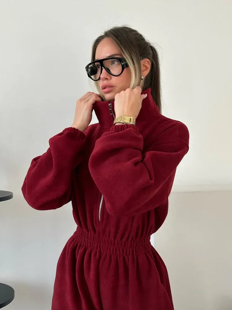 Jumpsuit Women 2026 New Fashionable Long Sleeved Jumpsuit for Women's Casual Half Open Collar Elastic Waist Jumpsuit