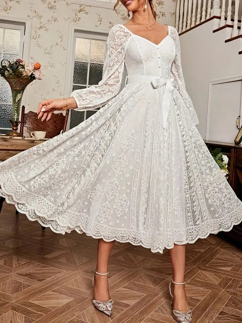 Elegant Party Dress For Woman Evening Prom Dresses Lace Long Gown V Neck Maxi Dress White Pink Floral Lace A Line Balloon Sleeve