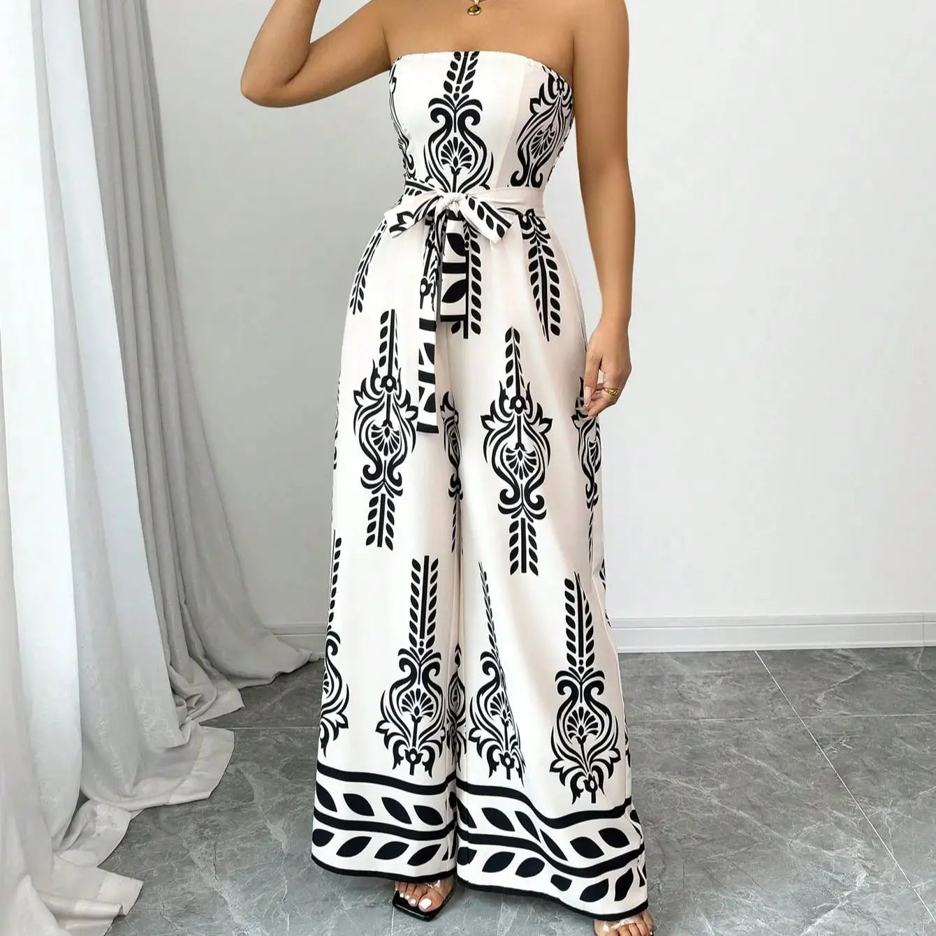 Printed Wide Leg Lace-Up Jumpsuit