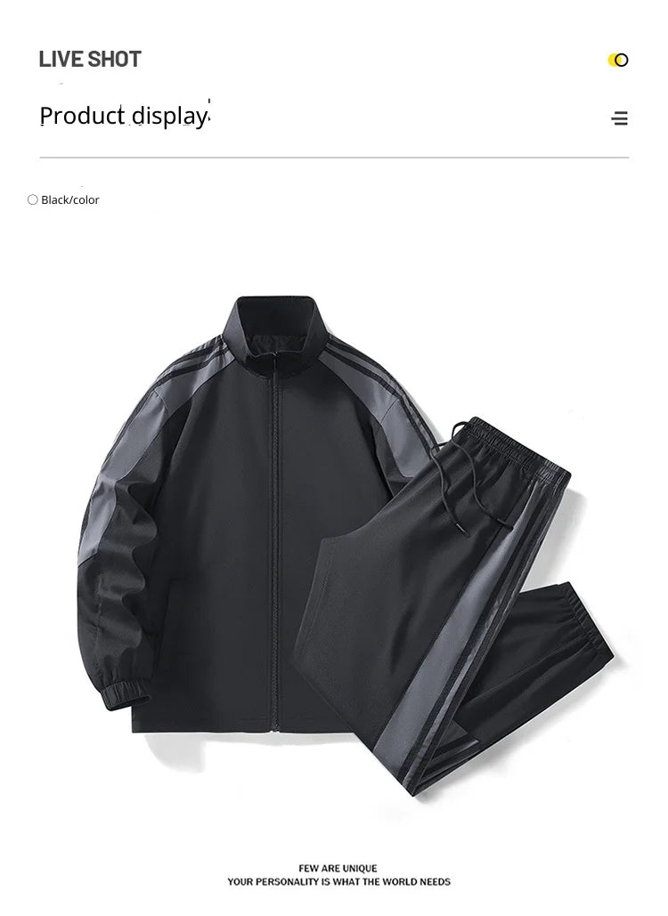 Men Fashion Tracksuit 2‑Piece Set, Stand Collar Zip‑Up Jacket & Drawstring Pants, Striped Casual Sports Outfit For Autumn Winter