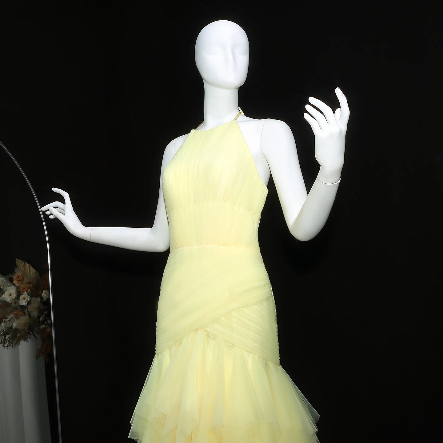 Yellow Halter Satin Evening Gown