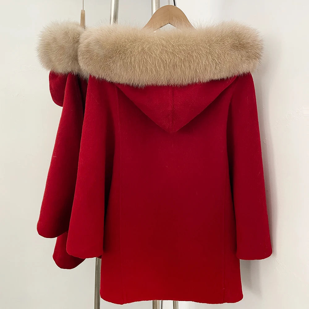 Hooded Fur Trim Wool Coat