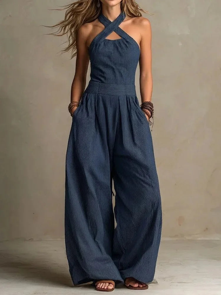 2026 Summer Jumpsuit Solid Color Hanging Neck Elegant Casual Versatile Simple Fashion Comfortable Daily Style Wide Leg Jumpsuit