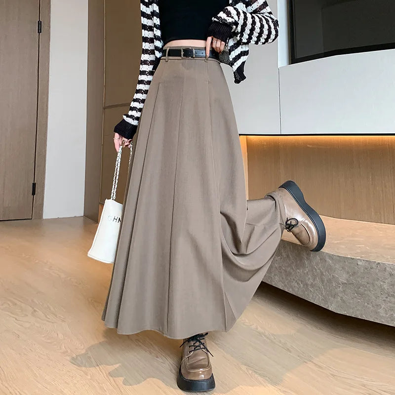 Elegant Skirts for Women Korean Style Long Skirt Female Black Pleated Midi Skirt Women's Clothing Office Lady Skirts Outfits New