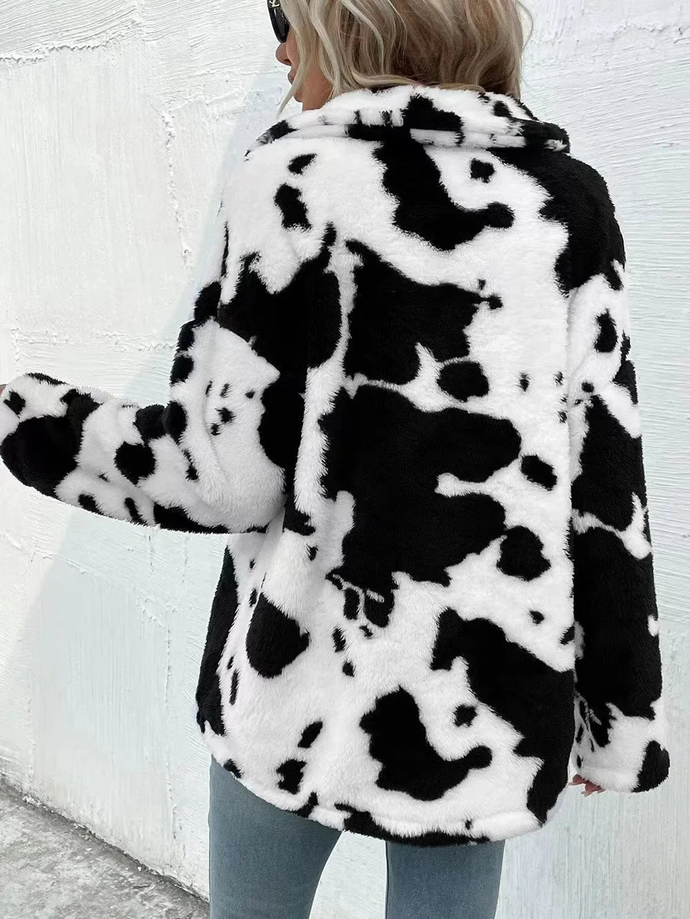 Women's Cow Print Double-sided Cashmere Coat Autumn Winter Loose Coats With Pockets Single Breasted Lapel Collar Plush Jacket