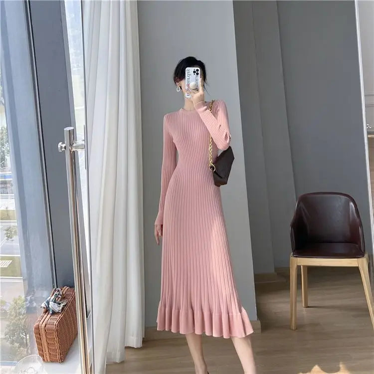 Elegant Knit Flounce Midi Dress