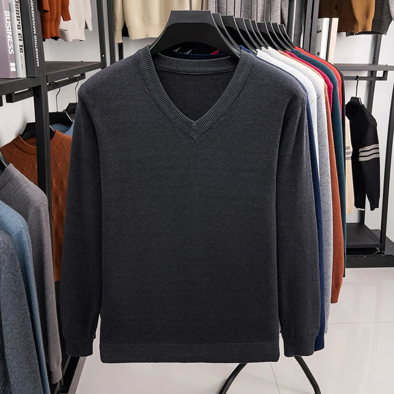 New Sweatwear Men's V Neck Basic Solid Color Sweaters Round Neck Elastic Pullovers Warm Autumn Knitted Oversized Sweater Men