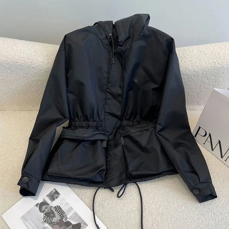 Black jacket for women 2025 autumn new hooded drawstring high-end thin jacket top