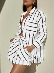 Striped Button Blouse Shorts Set