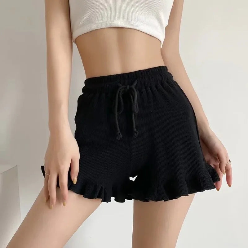 Waffle Knit Ruffled Lounge Shorts