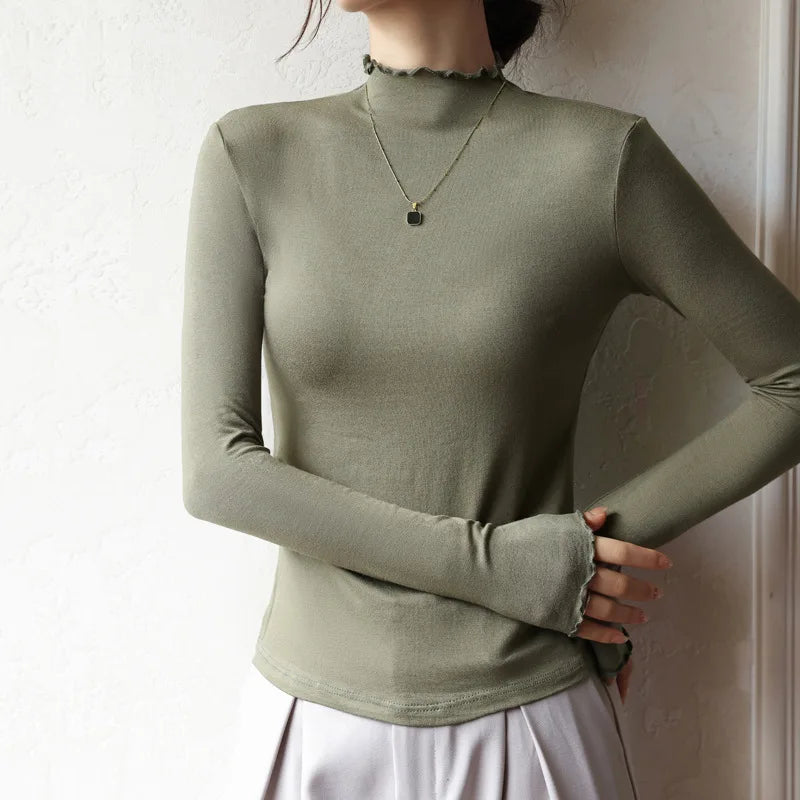 Ruffled Turtleneck Stretch Tee Women