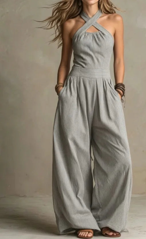 2026 Summer Jumpsuit Solid Color Hanging Neck Elegant Casual Versatile Simple Fashion Comfortable Daily Style Wide Leg Jumpsuit