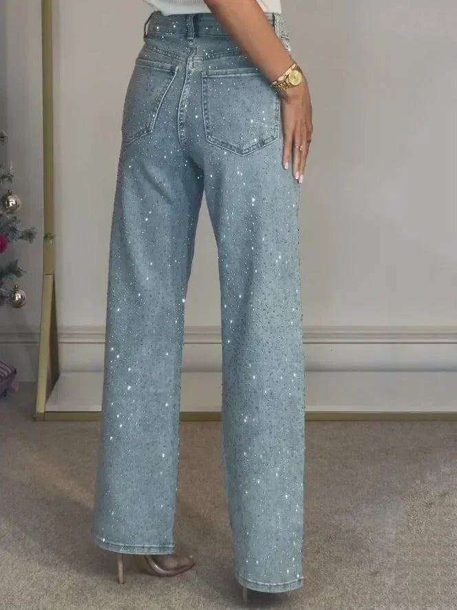 2025 Women Jeans Straight Diamonds Pants Stretch High Waist Washed Mom Jeans Y2k Streetwear Trousers Vintage Denims Streetwear