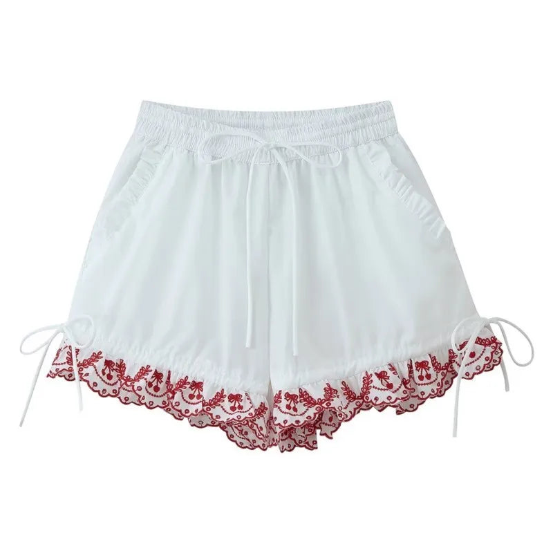 Women's Embroidered Shorts Summer New Elastic Waist With Pockets Lace-up Shorts Fashion Casual Female Shorts