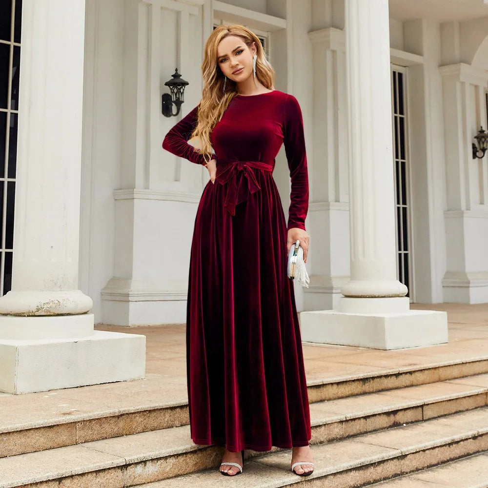 Women's Elegant A-Line Velvet Dress for Wedding Guest Prom Party Wedding Party, Long Sleeve Round Neck Belted Full Skirt
