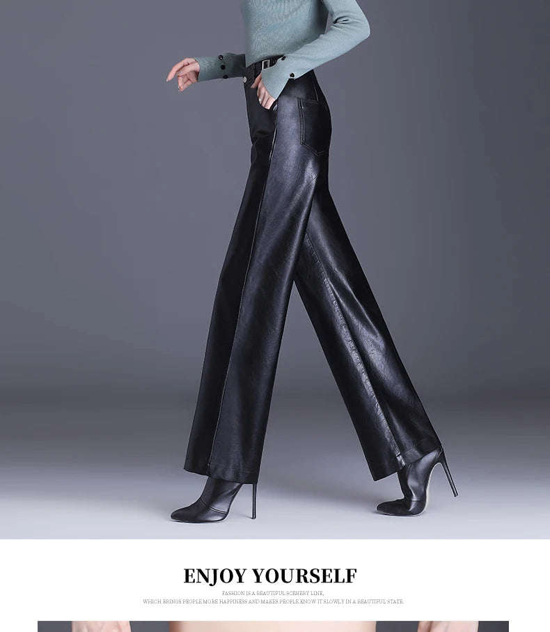 Wide Leg PU Leather Pants