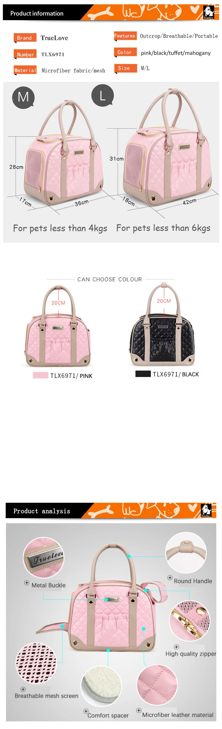 Truelove Pet Fashion Carrier Handbag Walk Outside for Small Dog and Medium Kitty Cat and Breathable TLX6971