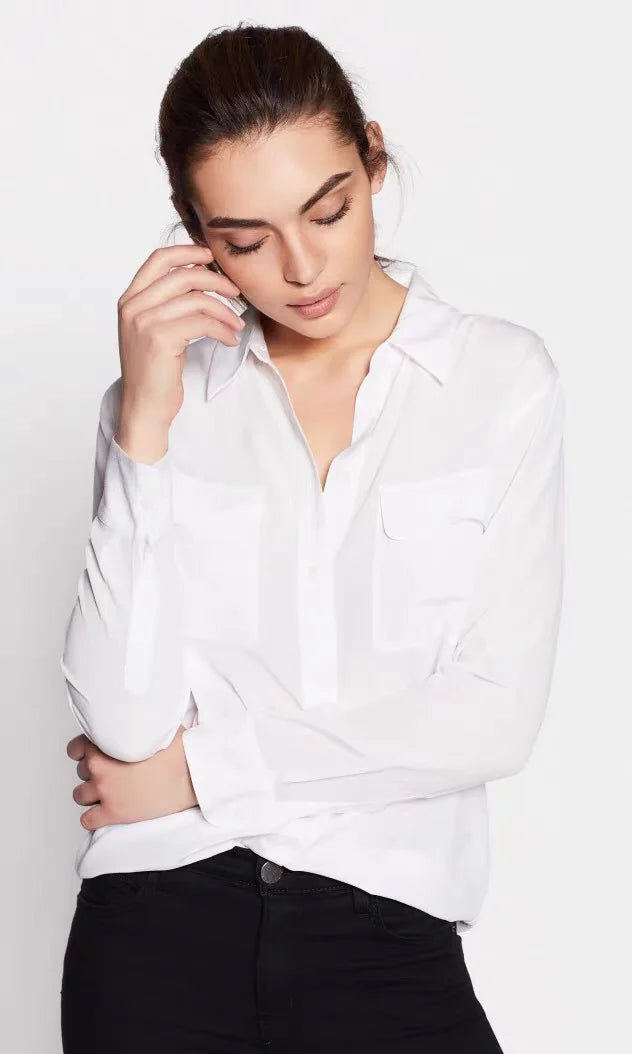 Women Real Silk Shirts Classic Double Pockets Solid Color Casual Fashion Long Sleeve Thin Shirt Blouses Tees
