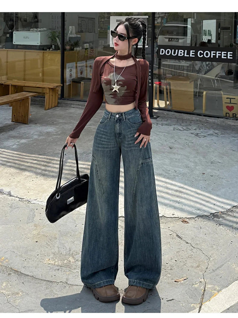 High Waisted Wide Leg Jeans Women Cotton Retro Denim Y2k Loose Fashion Design Sense Pant Streetwear Baggy Straight Trouser Woman