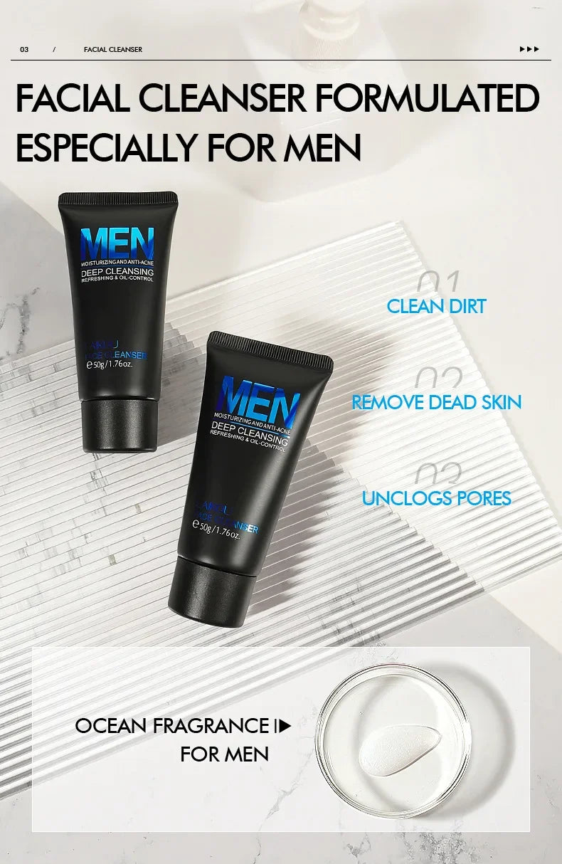 LAIKOU Men Face Cleanser 50g Deep Cleansing Oil Control Anti Acne Refreshing Moisturizing Facial Wash For Men Skin Care