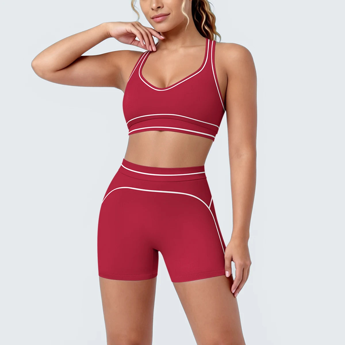 New Woman Yoga Set Color Blocking Sexy Sport Bra Yoga Underwear with Chest Pad High Waist Stripe Running Fitness Shorts Yoga Set
