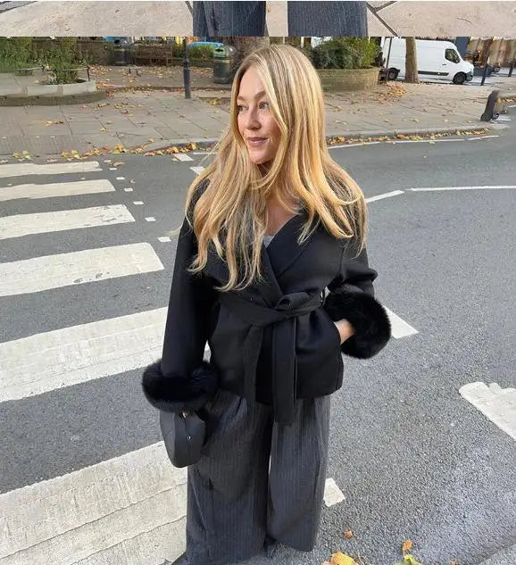 Elegant Women's Lace Up Woolen Coats Solid Full Sleeve Turn-down Collar Loose Lady Coats 2025 Autumn Winter Female Streetwear