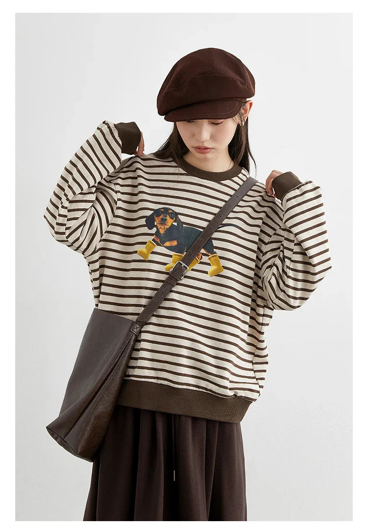 Striped Dog Print Loose Tee