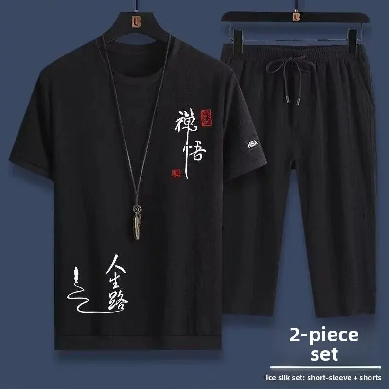 Casual Ice Silk Sports Suit Men's Summer Thin Short Sleeve Shorts Trendy Clothes Handsome Match One Set of Youth Clothing