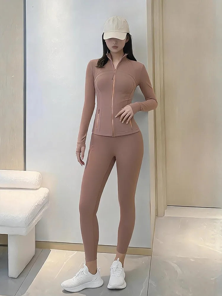 Women's Yoga Set Stand Collar Zip Jacket, Slim Fit Long Sleeve Sports Fitness Yoga Wear