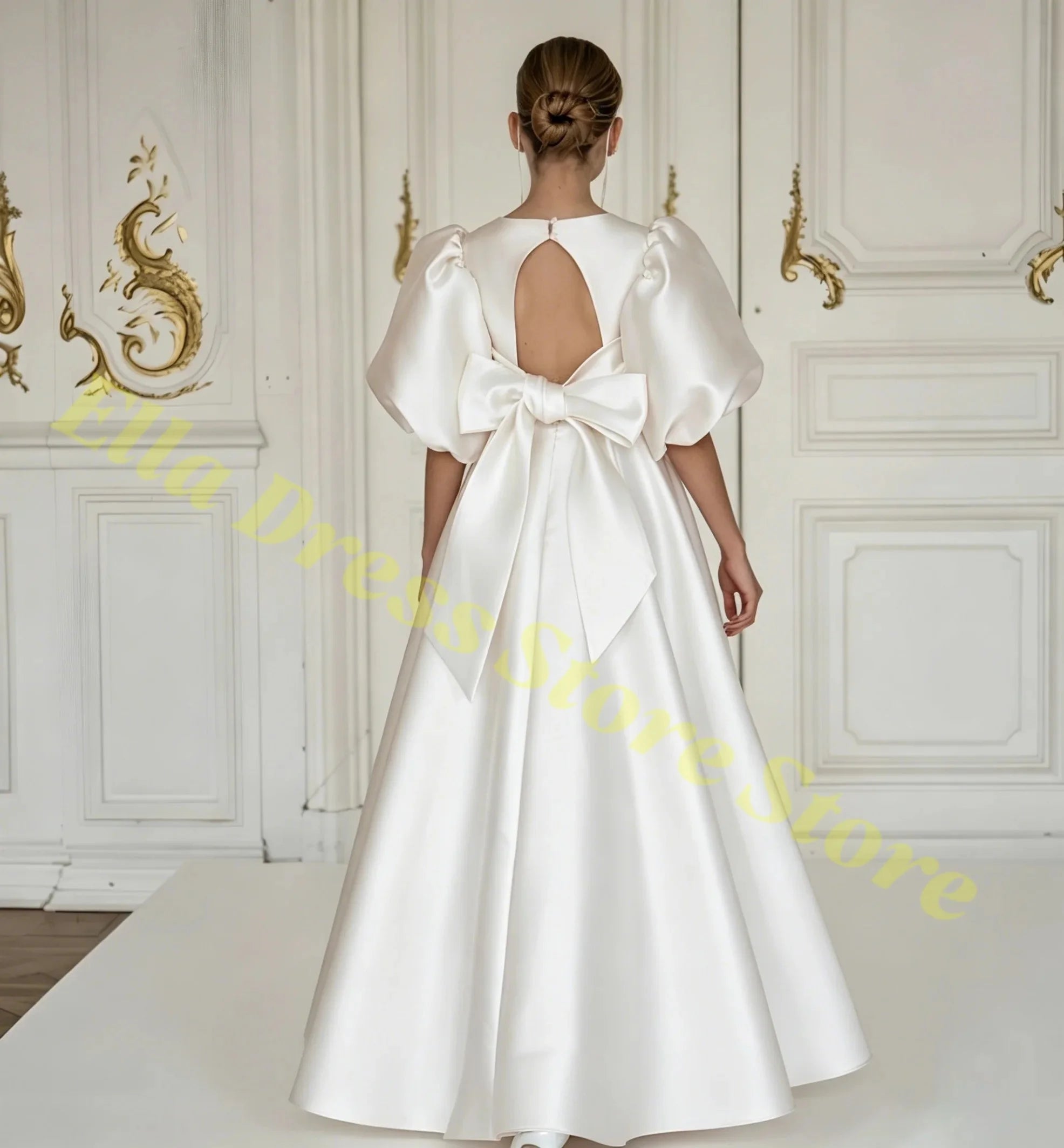 Elegant Girls Wedding Party Dress Satin Flower Girl Dress Bows Half Sleeves Formal Gala Dresses for Bridesmaid Dress Wholesale