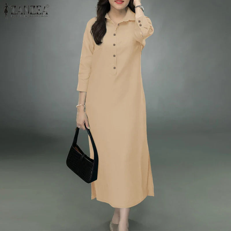 Elegant Lapel Solid Midi Dress