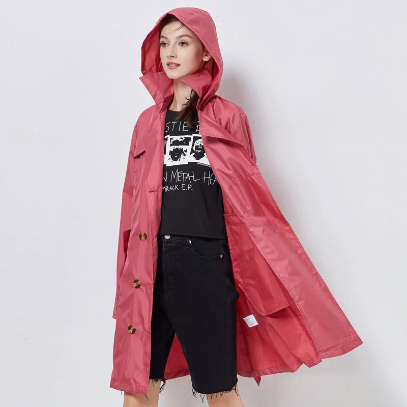 Fashion Women Thin Raincoat Poncho Ladies Waterproof Long Slim Raincoats Adults Outdoor Hiking  Windproof Rain Coat With Belt