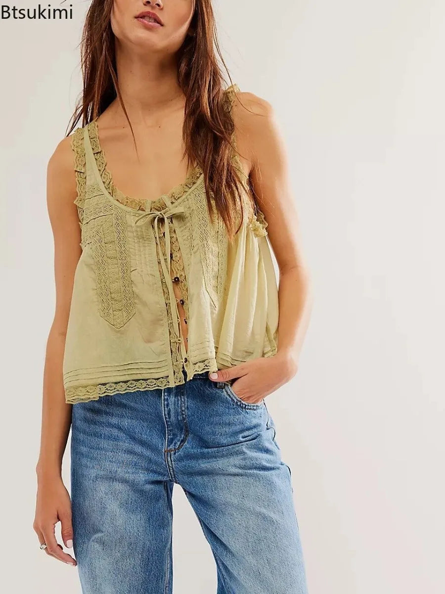 Sleeveless Tank Tops for Women Blouses Summer Boho Beach Wear 100%Cotton Splicing Lace Shirts Loose Casual Ladies Blusas Camis