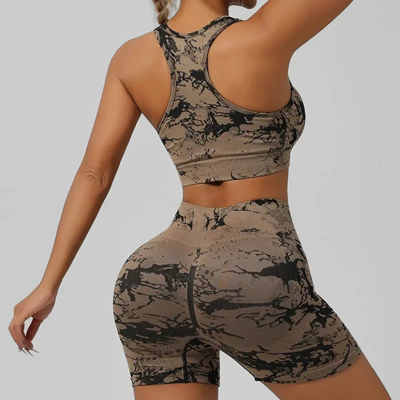 Women Seamless Tie Dye Yoga Set Quick Dry Sports Bra Shorts Lightweight Breathable Workout Outfit
