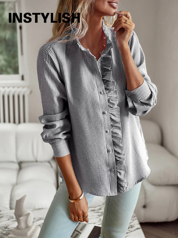Women's Shirt Elegant Long Sleeve Ruched Stand Neck Office Lady Blouse Casual Button Shirts Harajuku Tunics Street Simple Tops