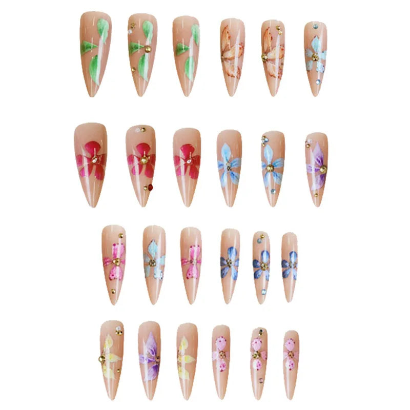 Medium fake nails for women Gradient nude brown blue flowers or rhinestones fall winter almond tips press on false nail art set