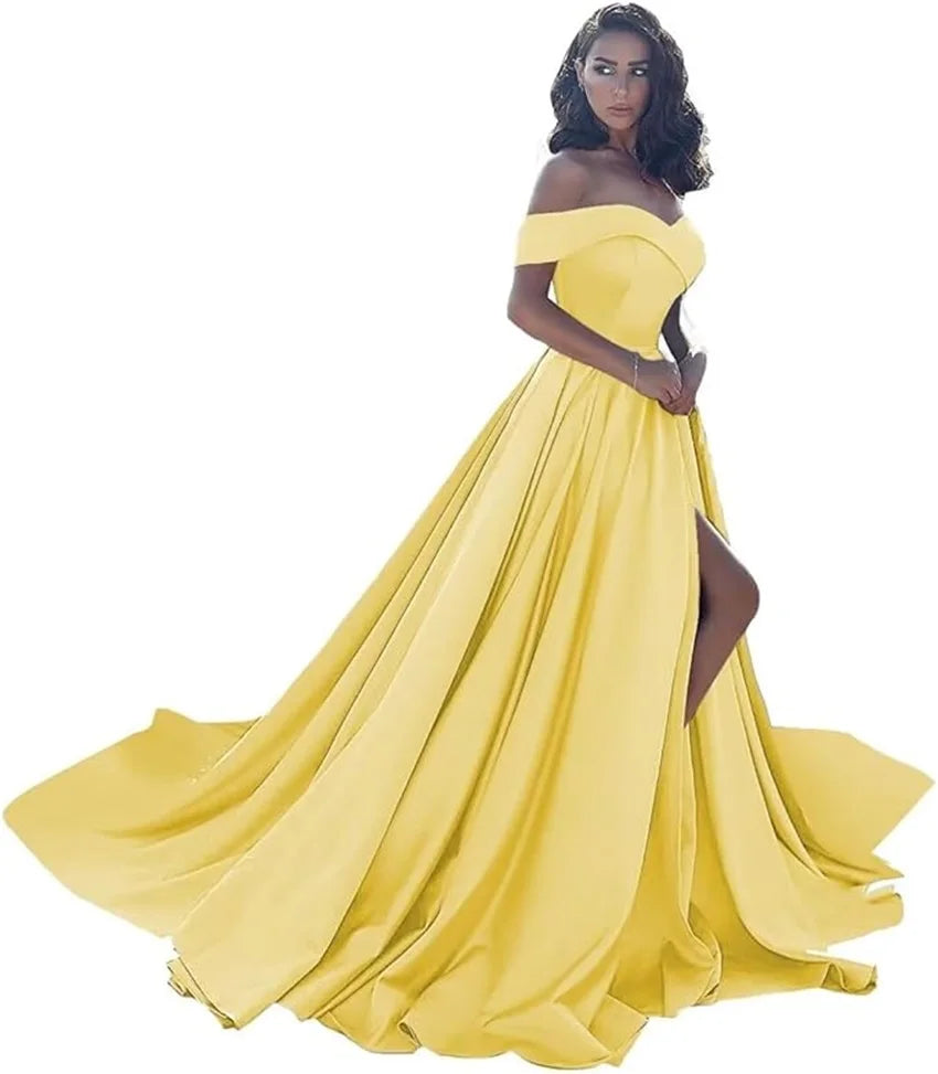 Simple Off Shoulder Satin Evening Gown