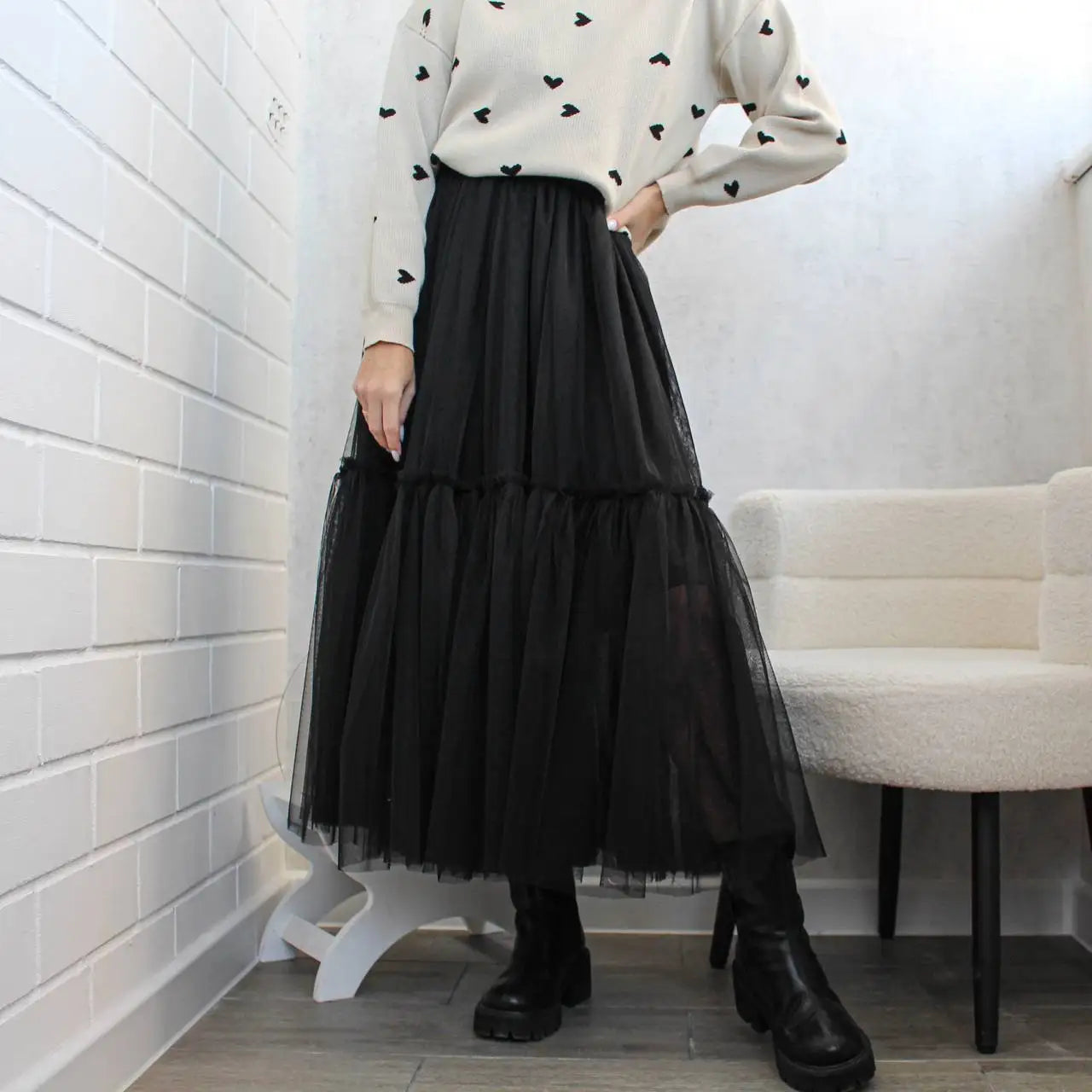 Pleated Lace Cake Midi Skirt