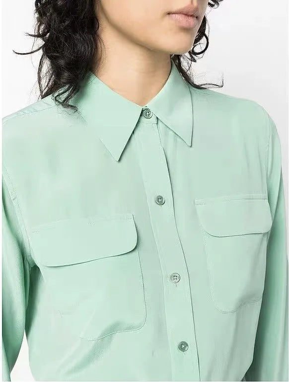 Women Real Silk Shirts Classic Double Pockets Solid Color Casual Fashion Long Sleeve Thin Shirt Blouses Tees