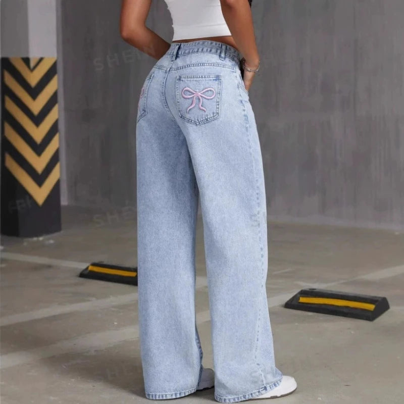 Mens Jeans Vintage Bow Embroidery Washed Denim Pants Harajuku Unisex Loose Fit Straight Leg Streetwear Casual Fashion Trend New